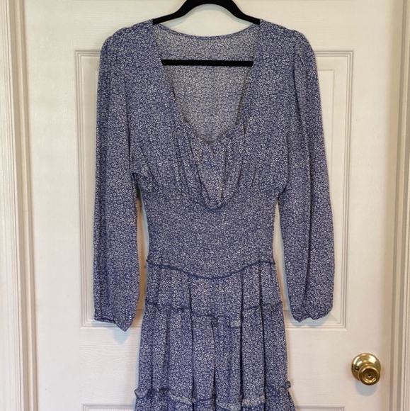 Blue White Floral Fit Flare Dress Mini Cinched Waist Garden Party Preppy Work XL - Picture 3 of 6